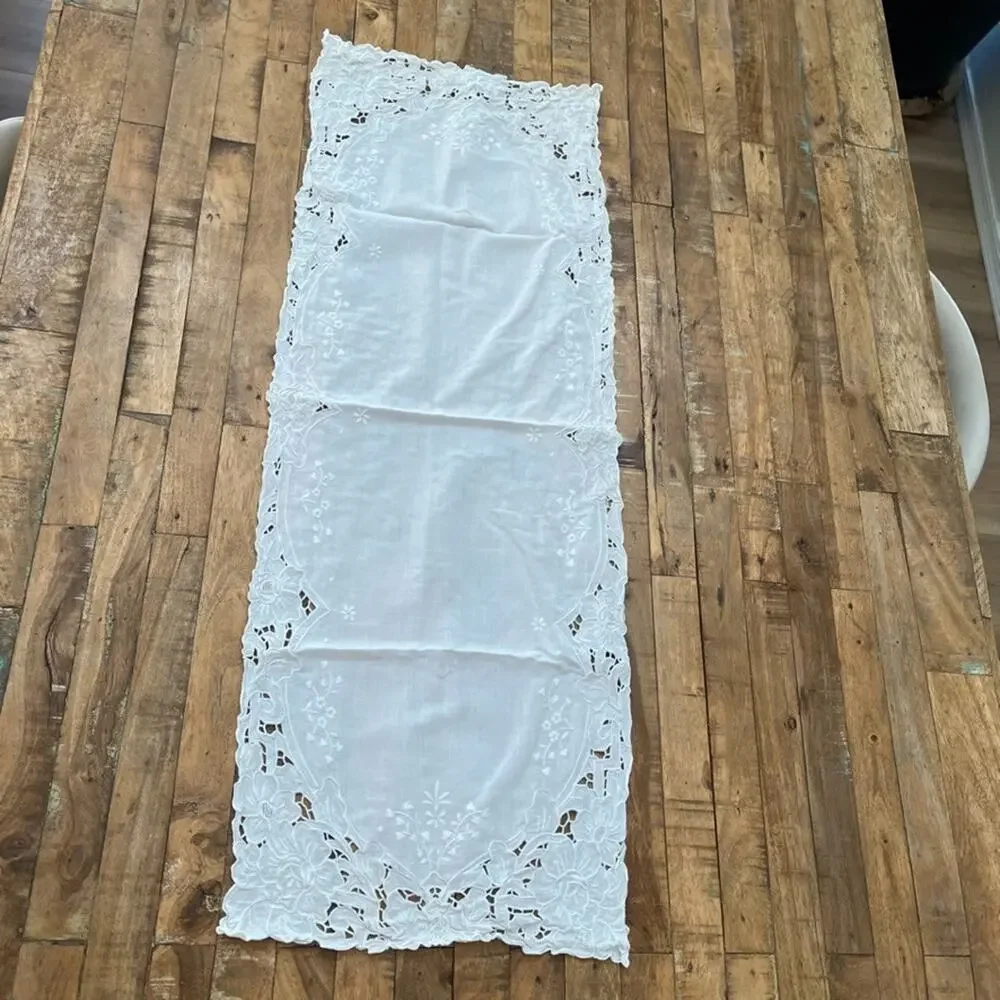 White Linen Table Runner 14 x 38 in Floral Embroidered Cutwork